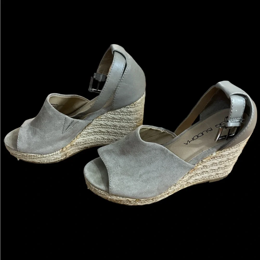 Big Buddha taupe suede raffia straw ankle strap fall boho wedges 6.5
